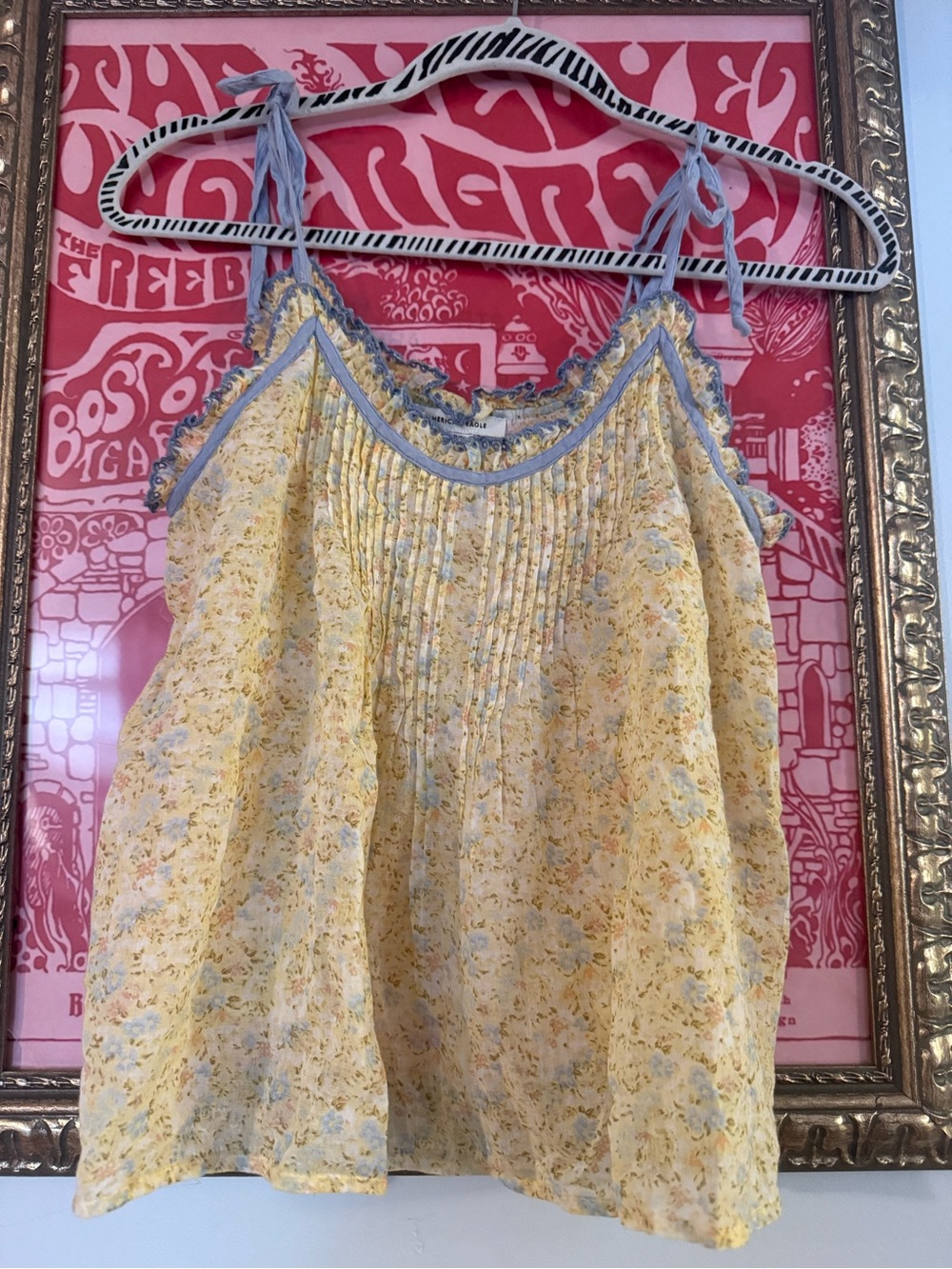 American Eagle Outfitters Yellow Floral Pintick Tie Shoulder Tank